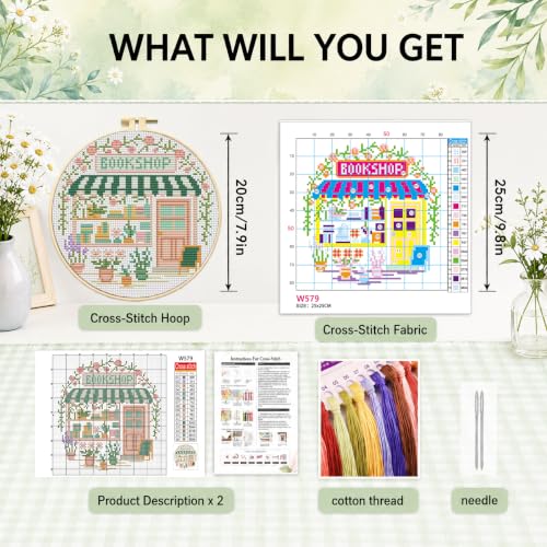 VIGEGU Bookstore Stamped Cross Stitch Kits for Adults Beginners with Frame - color: Cross-Stitch bookstore