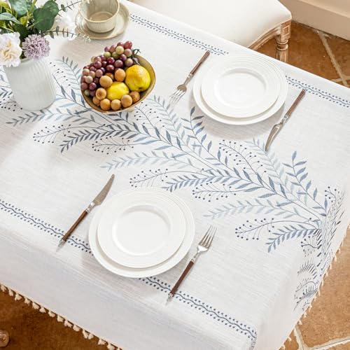 Alsoo Tablecloth Rectangle 55" x106", Farmhouse Linen Style Table Cloth with Blue Fern Embroidery and Tassels, Heavy Weight Wrinkle & Spill Resistant Table Cover for Dining Kitchen - color: Dusty Blue Ferns, size: 106" x 55" (Rectangular)