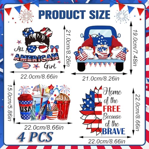 4 Packs USA Patriotic Iron on Transfers Stickers 4th of July Iron on Decals Patches Appliques Heat Transfers Vinyl American Girls Flag Dwarf Design Memorial Day Decals for Clothes Bag Pillow Cover DIY - color: July of 4th A