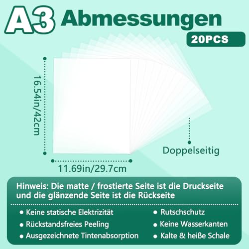 20 Sheets A3 DTF Transfer Film (11.7"x16.5") - Double-Sided Matte - size: 11.7 x 16.5 in 20 sheets