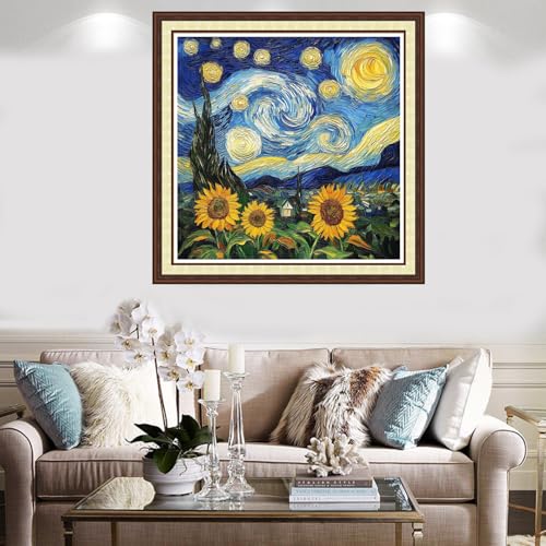 Findvoor Counted Cross Stitch Kits for Adults Full Range of Cross Stitching Embroidery Unprinted Pattern for Beginners, 11CT Needlepoint Kit Patterns Embroidery Kits-Van Gogh Starry Sky 18x18 inch - color: ColorCraft10