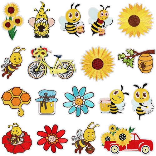 18pcs Honey Bee Iron/Sew on Patches, Cute Flower Bumble Embroidered Applique, Fashion Decoration for Clothes, Hat, Bag, Dress, Shirt, Jeans - color: 18pcs Bee