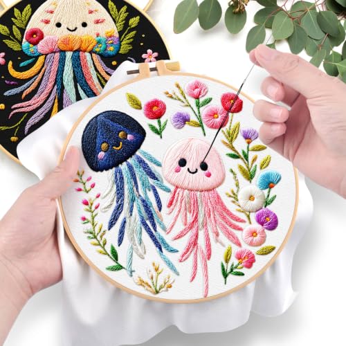 ERKOON 3 Sets Embroidery Kit for Adult, Hummingbird Cross Stitch Set for Beginner Include Embroidery Cloth Hoops Threads for Craft Lover Hand Stitch (Jellyfish) - color: Jellyfish