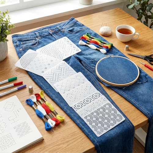 10 Pcs 5.1 Inch Plastic Sashiko Stencil Kit - Geometric Sashiko Pattern Template Drawing Line Quilting Stencil with Sewing Thimble Finger Protector, Embroidery Pattern Stabilizer for Hand Quilting