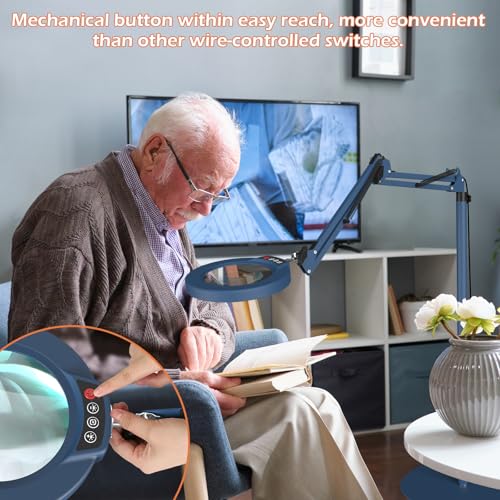 12X Real Glass Magnifying Glass with Light and Stand, LED 5 Color Modes, Stepless Dimmable Magnifying Floor Lamp, 3-in-1 Adjustable Swing Arm Lighted Magnifier Lamp with Clamp for Craft - Blue - color: Blue