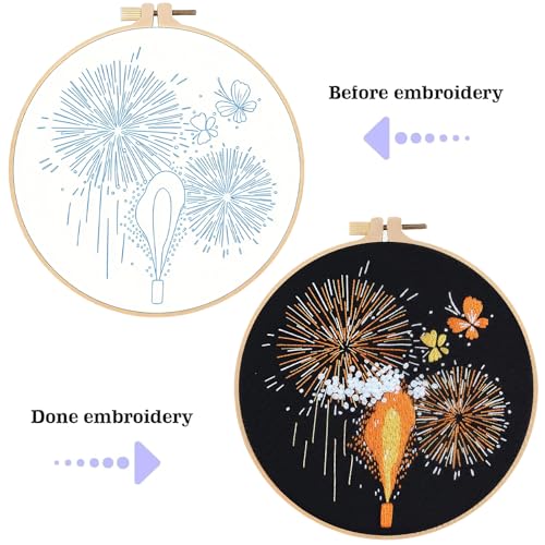 spicssa 2PCS Embroidery Kit for Beginners, Hand Needlepoint Kits for Adults with Pre-Stamped Patterns, 7.8-Inch Hoop, Threads & Needles, Step by Step Instructions - color: Fireworks