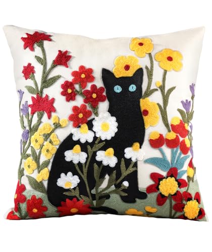 Embroidered Throw Pillow Cover, 20x20 Inch, Black Cat Floral - color: Flower Cats, size: 20" x 20" (Pack of 1)