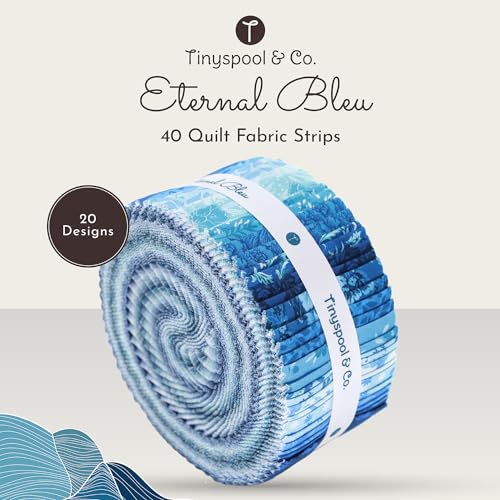 Tinyspool & Co.'s Twirlie Roll 40 Precut Quilting Fabric Strips for Quilting Supplies, Crafting, and Sewing, Soft Cotton Strip for Blanket, Rug, Upholstery, Home Decor, and Purse Making, Eternal Bleu - color: Eternal Bleu