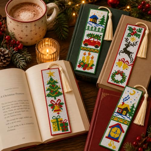 VIGEGU 4 Pack Christmas Cross Stitch Bookmark Kits for Adult Beginners - color: Christmas Cross Stitch bookmarks