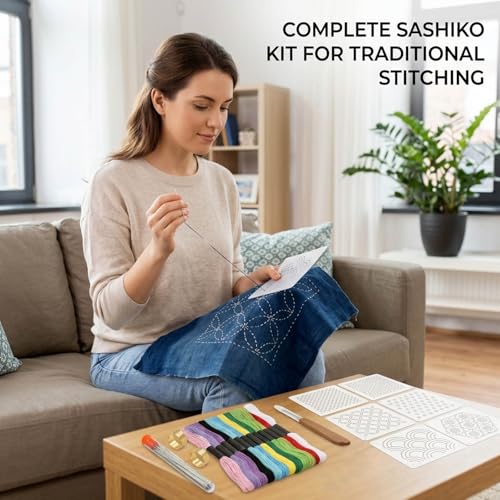 Ujukoxc 66-Piece Embroidery Set for Traditional Japanese Stitching, Sashiko Kit with Sashiko Thread and Sashiko Stencil,Includes Sashiko Needles and Sashiko Template for Fabric Art Projects