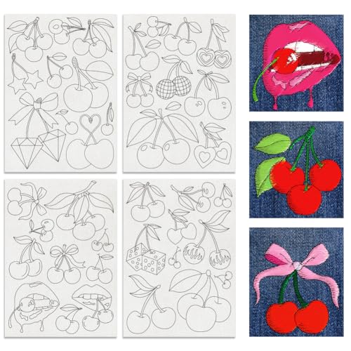 BENECREAT 4 Sheets Cherries Soluble Embroidery Stabilizers, 41pcs Fruit Embroidery Paper with Pre-Printed Sewing Embroidery Stabilizers for Embroidery Hand Sewing Lover Beginners - color: Cherries