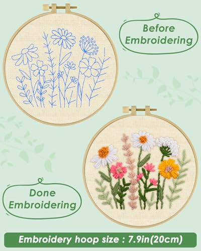 ERKOON Punch Needle Kit Beginners Adults, DIY Easy Flower Embroidery Set for Starter Art Craft, Needling Punching Project with Patterns, Tools, Yarns, Hoop, Instruction (Colorful Daisies) - color: Colorful Daisies