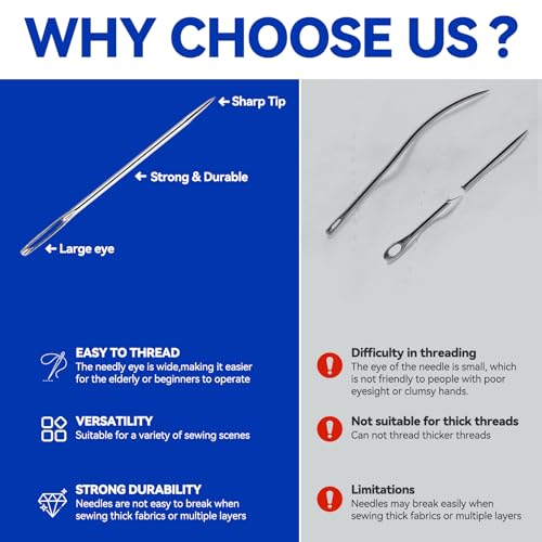 AUUIUOS Steel Large Eye Extra Long Sewing Needles, 20 Pcs, 5 Sizes