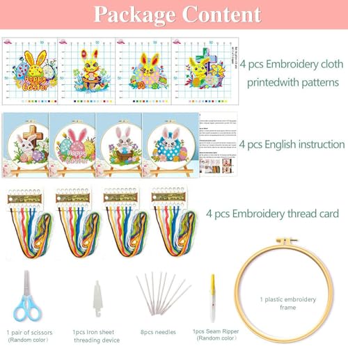 FEIYUENO 4 Pack Bunny Embroidery Kit for Adults Beginnerr, Easter - color: Easter