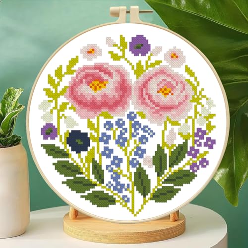 Zhenqing Pink Floral Cross Stitch Kit for Beginners - 11CT 24x24cm Pre-Printed Pattern with Embroidery Hoop, Threads & Tools(70521) - color: Pink Floral