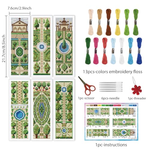 INFUNLY 6PCS DIY Garden Cross Stitch Bookmark Kits 3×8.5inch Fountain Stamped Embroidery Page Marker Kits Plant Needlepoint Bookmark Kit with Pre-Printed Pattern for Book Lovers Readers - style: Garden