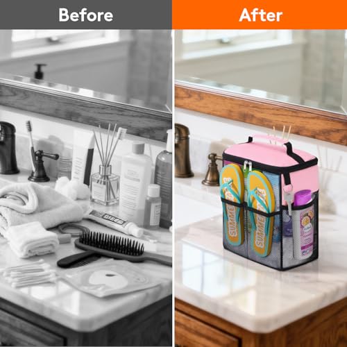Lifewit Mesh Shower Caddy, Hanging Bathroom Organizer with Slipper pockets - color: Pink