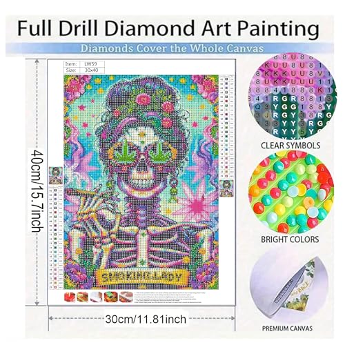KUFWKEY Skull Diamond Art Kits for Adults,Skeleton Diamond Painting Kit for Beginner,DIY Handicrafts,Full Drill Round Diamond Dots Kits,Mosaic Gem Art and Crafts,Halloween Wall Decor 12x16 inch - color: LW59