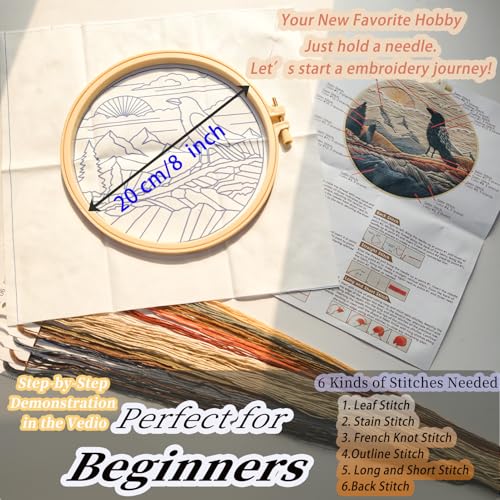 FONNUY Embroidery Kit, Featuring Crow and Landscape Patterns, Cross Stitch Kits for Both Adults and Beginners, Handmade Crafts Printed Pattern Set, Color Thread Needlework, 8'' Hoop (Fearless Bird) - color: Fearless Bird