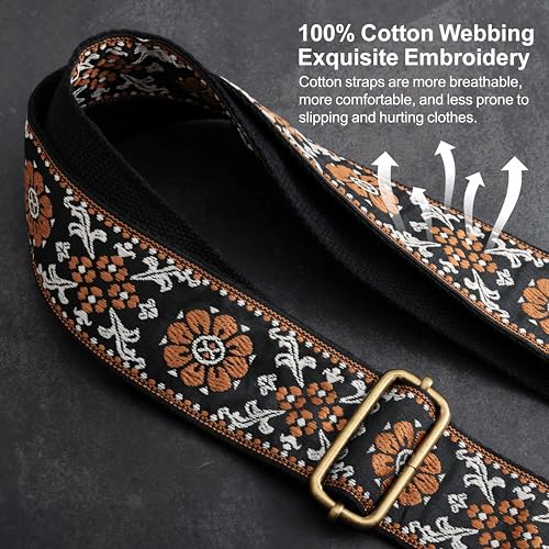 Nefelibata Banjo Strap,2"Wide Double Crazy Horse Leather Jacquard Embroidery Strap Adjustable Replacement,Multi-pattern Strap With Metal Clips - color: A#-black Leather Embroidery