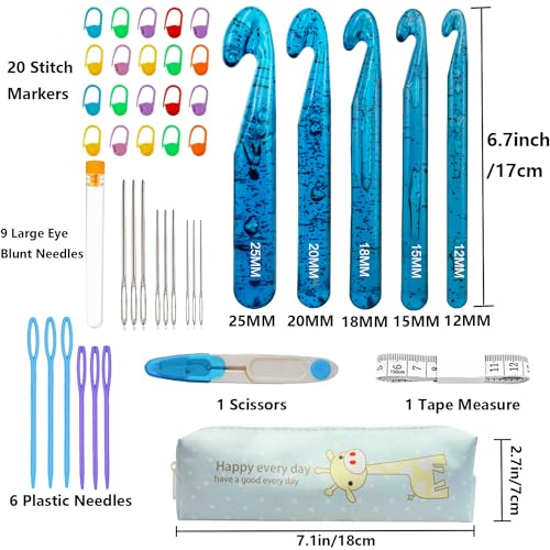 43 Pcs Large Crochet Hooks Set,12mm 15mm 18mm 20mm 25mm Large Crochet Hooks for Chunky Yarn,Plastic Crystal Smooth Big Crochet Needles for Handmade DIY Crochet with Storage Bag - color: Blue