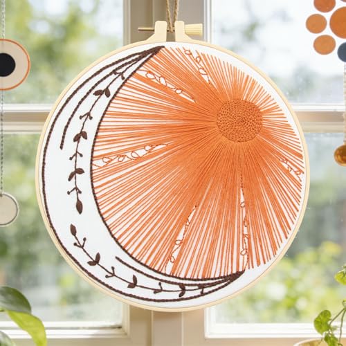 Crafmanoe Hand Embroidery Kits for Beginners Adults, Sun Moon Embroidery Starter Kits, Stamped Cross Stitch Kits DIY Needlepoint Kit for Beginners Adults, Embroidery Hoop, Thread and Video Tutorial - color: H2078