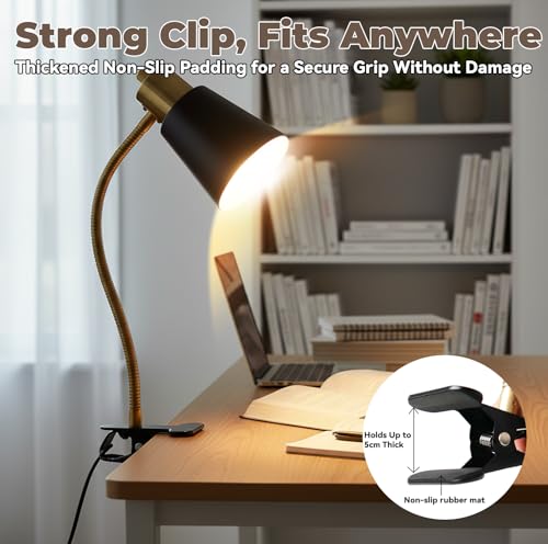 LALISU Desk lamp Eye-Caring Table Lamps 360°Rotation Gooseneck Clip on Lamp - color: Black and Gold