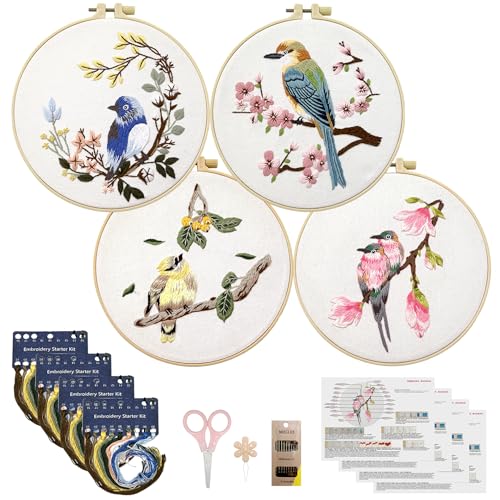 Phylisn 4 Sets Embroidery Kit for Beginners Adults,Needlepoint Starter DIY Kits with Patterns,Hoop,Color Threads,Tools,Easy Learn to Embroider with Instruction & Video