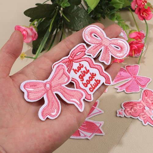 16pcs Bow Iron on Patches, Cute Pink Embroidered Applique Patch for Clothes - color: Pink Bow, 16pcs