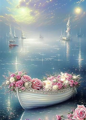 Moohue 14CT Stamped Cross Stitch Kits for Adults Beginners Counted Cross Stitch Kits for Adults Advanced (Flowers and Boats) - color: Flowers and Boats