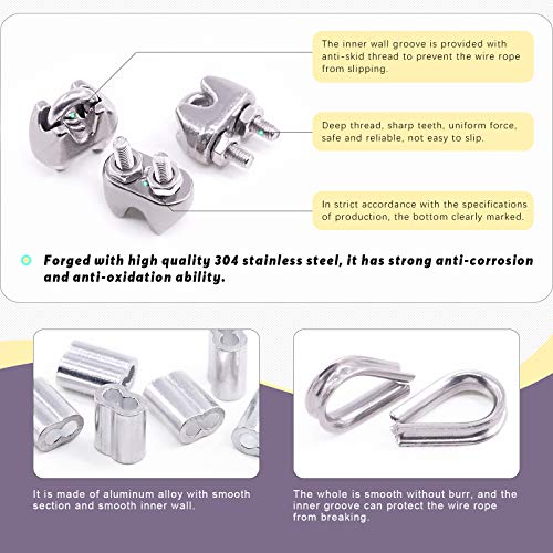 Swpeet 24Pcs M2 (1/16") Wire Rope Accessory Set, Included M2 Wire Rope Cable Clip Clamp, M2 Stainless Steel Thimble, 2mm Aluminum Crimping Loop Sleeve Perfect for 1/8 inch Wire Rope Cable (M2) - size: M2