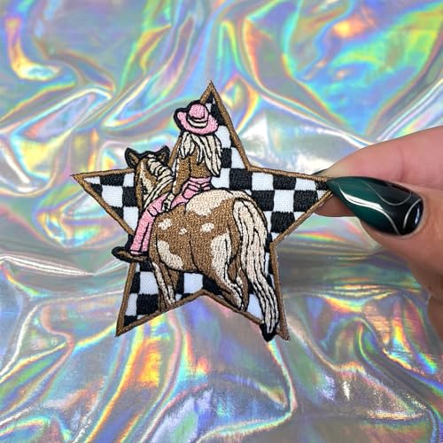 Cowgirl Checkered Star Patch, 3" x 3", 2-Pack, Embroidered Iron-On for Hats, Bags, Jackets - color: Cowgirl Checkered Star