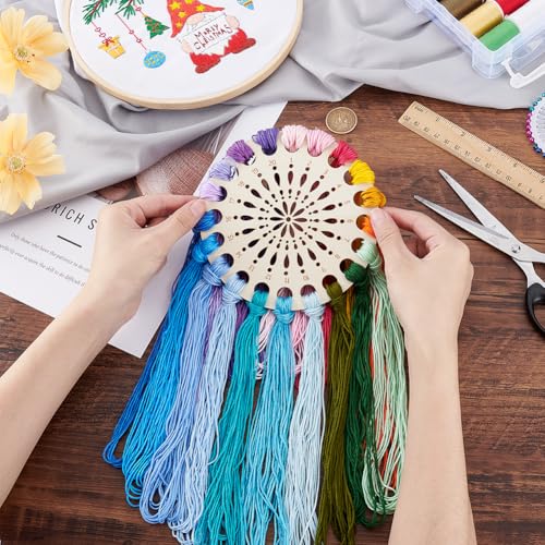 PH PandaHall 2pcs Wooden Embroidery Floss Organizer Cross Stitch Thread Holder, 20 Positions Round Flower Thread Organizer Threads Sorter Cross Stitch for Craft DIY Sewing Supplies, 5.5 inch