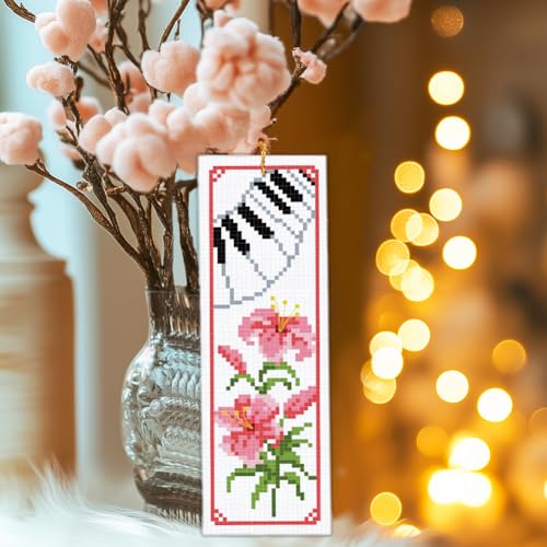 INFUNLY 6pcs Flower Music Cross Stitch Bookmark Kit for Beginners DIY Lily Tulip Roses Daisy Stamped Embroidery Bookmark Kits Piano Note Record Needlepoint Kit with Instruction for Book Lovers Readers - style: Flower Music