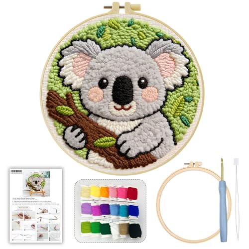 ZuoAnLF Punch Needle Kit for Beginner, Rug Yarn Hooking Beginner Kit with Instruction, Punch Needle Fabric with Pattern, Yarns, Embroidery Hoops for Punch Needle 20CM/9.8INCH (Koala) - color: koala