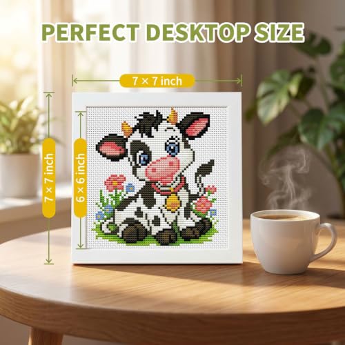 WUSARPLY Cow Stamped Cross Stitch Kits for Beginners Adults with Framed - color: DKJ032