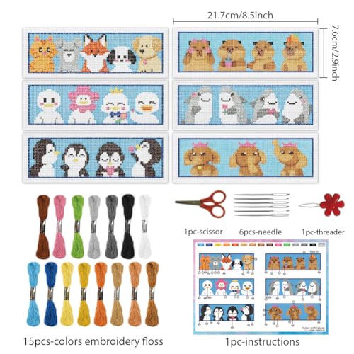INFUNLY 6PCS Horizontal Animals Cross Stitch Bookmarks Kits 3×8.5inch Brave Penguin Stamped Embroidery Bookmark Set Pets Cats Dogs Needlepoint Bookmark Kit with Instruction for Book Lovers Writer - style: Horizontal Animals