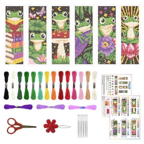ORIGACH 6 Set Frog Cross Stitch Bookmark Kit for Beginner - style: Frog