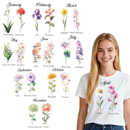 12Pcs Birth Month Dtf Transfers Ready to Press Birthday Flowers Iron on Transfers for Tshirts Floral Transfer Vinyl Stickers for Clothing Pillows Bag DIY Crafts - color: Birth Month