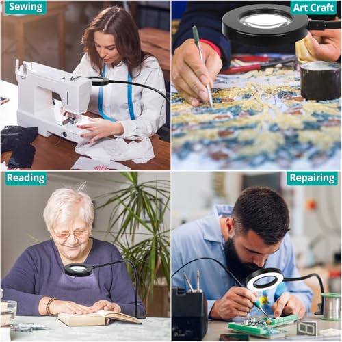 Woputne Desk Lamp 5X Magnifying Glass with Light Clamp Light for Reading - size: Black-1 Piece-5X Magnifier-With Adapter
