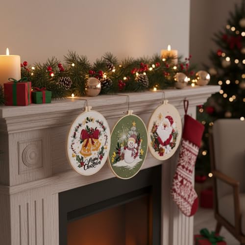 Nalexmi 3 Sets Christmas Embroidery Kits, Snowman, Santa, Jingle Bell - color: christmas