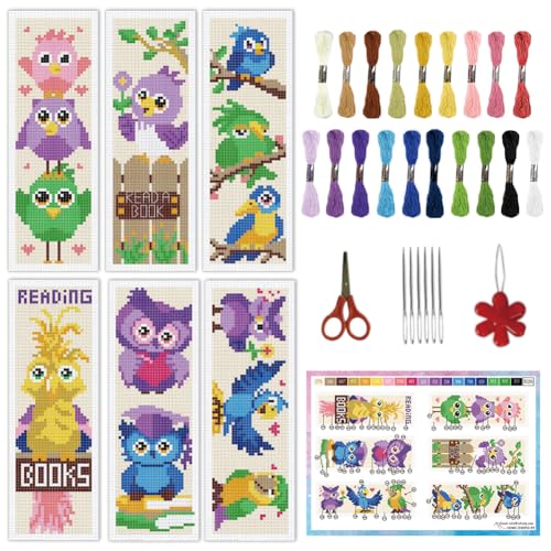 INFUNLY 6 Set Colorful Bird Cross Stitch Bookmark Kit Owl Parrot DIY Embroidery Bookmarks for Readers 22x8cm/8.67x3.14 Handmade Cross Stitch Bookmarks with Thread Kit Gifts for Book Lovers Adults - style: Colorful Bird