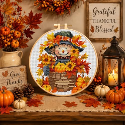 Scarecrow Stamped Cross Stitch Kits for Adults Beginners with Hoop Frame - color: Fall Scarecrow Cross Stitch with Framed