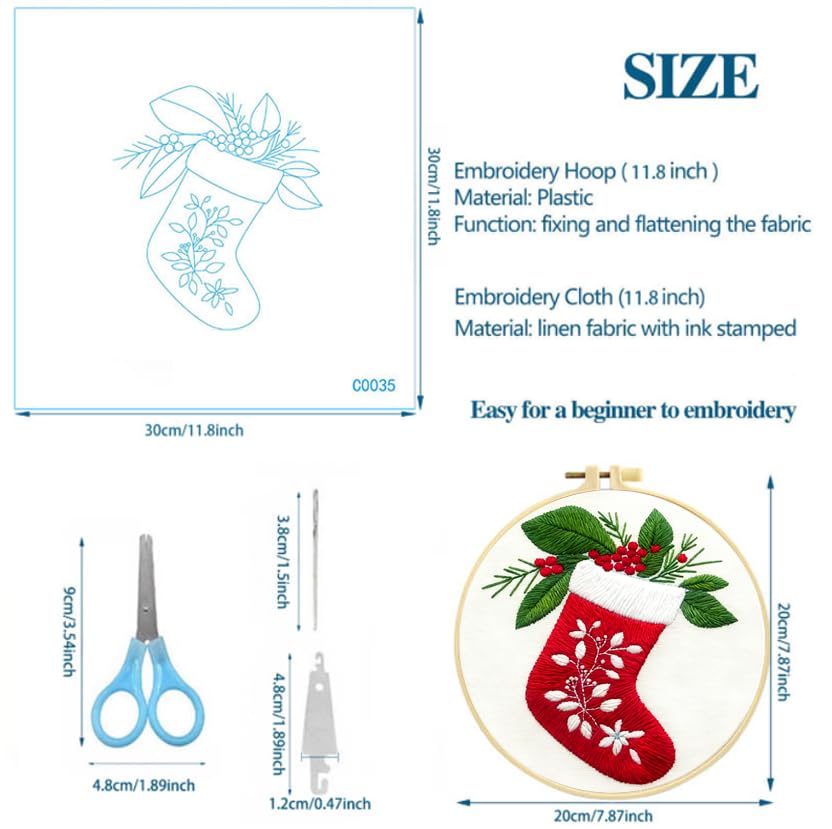 Zhenqing Christmas Stocking Embroidery Kit for Beginners, Red Stocking Needlework Kit with Pre-Printed Fabric, Hoop, Threads & Tools (C0035) - style: Classic Christmas Stocking