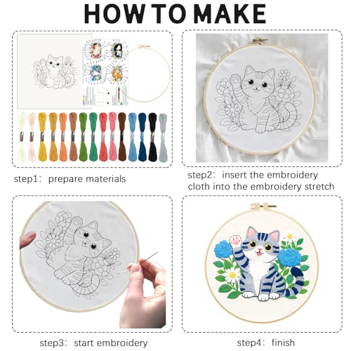 INFUNLY 4 Sets Cute Cat Embroidery Kits for Adults Flowers DIY Cross Stitch Starter Kit with Instructions Kitten Wildflowers Needlepoint Kits with Embroidery Cloth Colored Threads Hoops Tools
