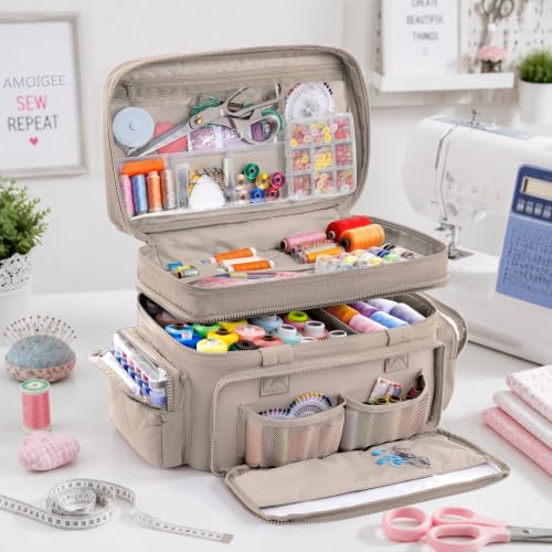 AMOIGEE Puffy Double-Layer Sewing Storage Bag with 2 Clear Organizer Boxes - color: Greige