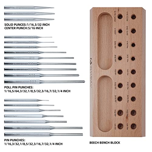 BESTNULE 19pc Punch Set w/Beech Block(Roll Pin, Center, Flat, Solid Punch)