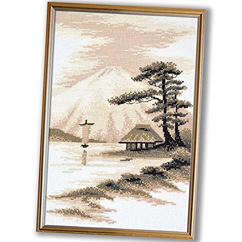 Povitrulya Cross Stitch Kit 'Fujisan', Japanese Landscape - 7.1" х 11", 16 Count Aida Cloth - Needlepoint Set for Adults with Mount Fuji Landscape Pattern - size: Fujisan - 7,1" х 11" (18 х 28 cm)