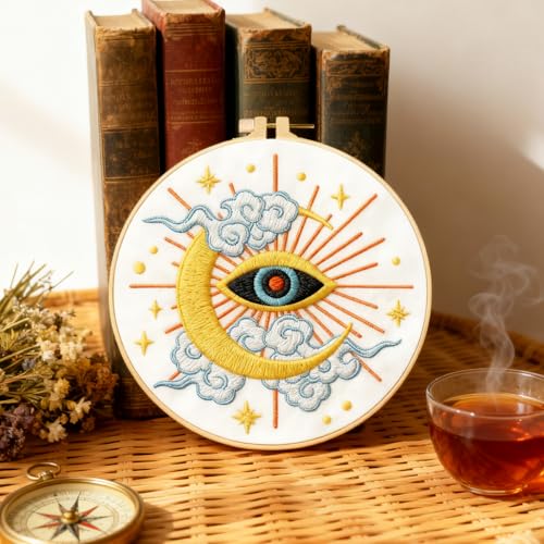 BEUNITONE 6Set Tarot Embroidery Kit for Beginners with Dreamy Pre-print Patterns, DIY Craft Kits for Adults Women with Embroidery Hoops and Full Kits, Needlepoint Kits for Home Decor and Gifts 20x20cm - style: Tarot