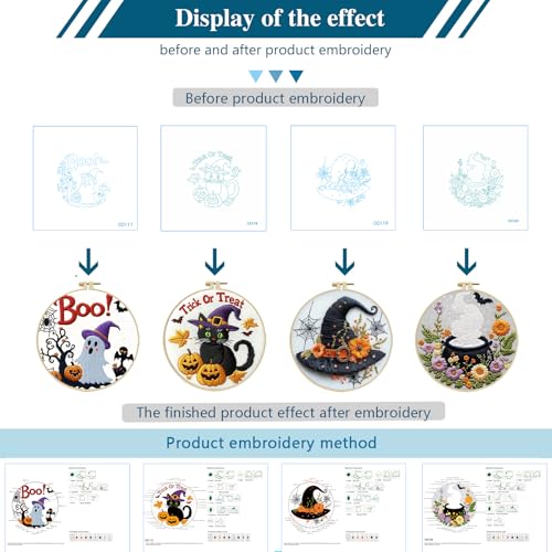 Zhenqing 4-Piece Halloween Embroidery Kit for Beginners - Spooky Ghost, Witch Hat, Black Cat & Cauldron Designs with Pre-Printed 29x29cm Cotton Fabric, Hoop, Threads & Tools(C0165) - style: C0165